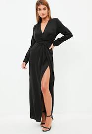 This Maxi Dress Features A Jet Black Satin Fabric Shirt Style With A Wrap Front And Long Sleeves Ruched Maxi Dress Long Sleeve Maxi Dress Maxi Jersey Dress