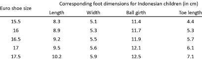 Shoe Size Chart And The Corresponding Dimensions For