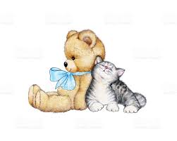 Teddy Bear And Kitten On A White Background Teddy Bear Kedi Kedi Sanati