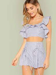 Shein Ruffle Striped Crop Top Lace Up Shorts Co Ord Shein Brasil