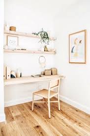 White And Light Wood Home Office Floating Shelves Hardwood Floors Boho Simple Office Design Home Office Design Home Office Decor Home Decor