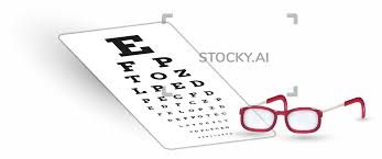 image of sharp snellen chart and glasses with shadow on white background