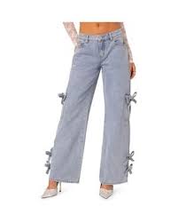 Edikted Lucille Low Rise Satin Bow Jeans in Blue