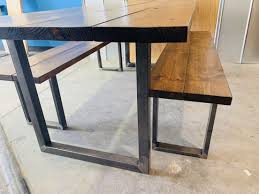 Industrial Farmhouse Table With Benches Rustic Steel Legs Provincial Brown Wooden Top 7ft Dining Set Industrail Design Farmhouse Table With Bench Rustic Farmhouse Table Industrial Farmhouse Table