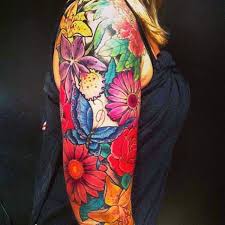 Black And Red Arm Sleeve Tattoos Butterfly And Floral Half Sleeve Tattoo For Women Jpg 600 600 Tattoos For Women Flowers Half Sleeve Tattoo Arm Sleeve Tattoos