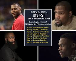 The nba regular season takes place over six months, beginning in the third week of october and ending in the second week of april. Espn Abc Combine For Biggest Nba Regular Season Schedule Ever 104 Games Espn Press Room U S