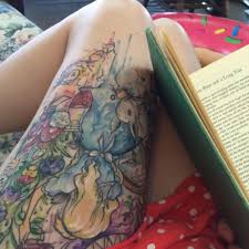 A full sleeve tattoodesign in alice in wonderland theme made with apple pencil and procreate in 5 hours and 39 minutes. Kaliedehope Aliceinwonderland Leg Piece Color Watercolor Sleeve Pinterest Book Bookart Wonderland Tattoo Alice And Wonderland Tattoos Leg Tattoos