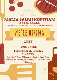 Berikut kami kongsikan kerja kosong terkini yang ada di petaling jaya, selangor, bagi bulan april 2019 ini, pelbagai jawatan dari berlainan syarikat ditawarkan, anda hanya perlu mohon sahaja. Califamoda Consultancy On Twitter Mama Salmi Kopitiam Is Now Open We Currently Have A Vacancy In Our Restaurant So We Are Now Hiring Staff For Position Chef And Waitress Mama Salmi Kopitiam