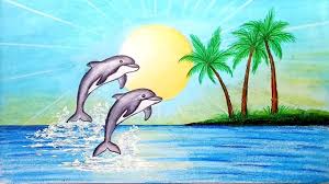 How To Draw Scenery Of Dolphin In Beach Step By Step Easy Draw Drawing Scenery Beach Drawing Dolphin Drawing