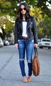 Fall Fashion Ripped Distressed Jeans Black Leather Jacket Outfit Fashion Clothes Cool Outfits