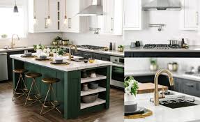 Updated Industrial Kitchen White Cabinets Hunter Green Island And Touches Of Gold I Think I Lo Industrial Style Kitchen Kitchen Remodel Green Kitchen Island