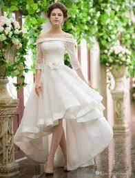 Discount Vintage Style High Low Wedding Dresses Off Shoulder Half Sleeve Flower Belt Lace Or Wedding Dresses High Low Short Wedding Dress Wedding Dress Organza