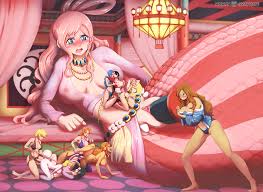 horny graphite, aphelandra, boa hancock, carrot (one piece), marguerite (one  piece), nami (one piece), nefertari vivi, nico robin, rebecca (one piece),  shirahoshi, wanda (one piece), one piece, highres, 6+girls, ahegao, black  hair,