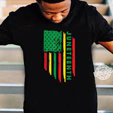 The biggest symbol of juneteenth is its flag—a red, white, and blue fabric, with a bursting star placed against an arc. Black History Juneteenth Flag Design Shirt