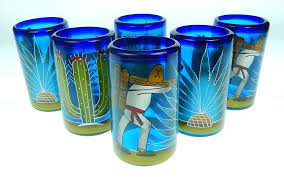 Mexico seamless pattern doodle elements, hand drawn sketch mexican traditional sombrero hat, poncho, cactus and tequila bottle, map of mexico, skull, music instruments. Mexican Glass Six Tumblers Hand Painted Cactus Made In Mexico With Recycled Glass Agave Saguaro And Pancho Designs On Mexican Bubble Glass