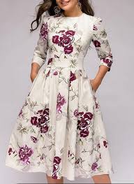 Print Floral 3 4 Sleeves A Line Knee Length Vintage Casual Elegant Dresses Spring Dresses Women Evening Midi Dress Elegant Casual Dress