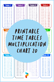 Printable Time Tables Multiplication Chart 20 In 2020 Multiplication Chart How To Memorize Things Printable Chart