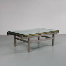 Walnut danish modern coffee table w/ cane shelf. French Modernist Coffee Table In Steel And Brass 1960