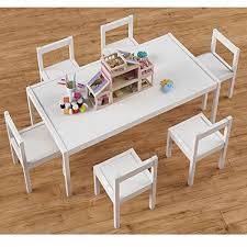 Kids White Wood Table With 6 Chairs Furniture Set For Use In Childrens Room Daycares Kids Play Room And Kinde White Wood Table Furniture Chair Kidsroom Decor
