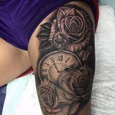 Maybe A Compass Instead Of A Clock Clock And Rose Tattoo Rose Shoulder Tattoo Clock Tattoos For Women Kids