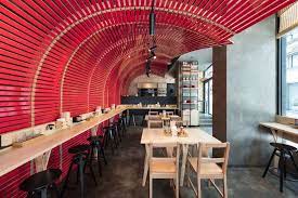 Breakfast, lunch, dinner, late night, snacks Hong Kong A Ramen Shop With A Touch Of Japanese Lacquerware Ramen Restaurant Red Interior Design Ramen Shop