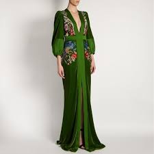 Elegant Deep V Emerald Green Embroidered Lantern Sleeve Maxi Dress Joymanmall In 2020 Evening Gown Dresses Evening Gowns With Sleeves Maxi Dress With Sleeves