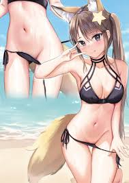 skai kun, bikini, beach, undressing, animal ear fluff - Anime R34
