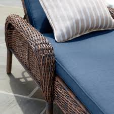 Fiji wickerlook resin outdoor chaise lounge white isp860 wh wicker. Hampton Bay Cambridge Brown Wicker Outdoor Patio Chaise Lounge With Navy Blue Cushions 65 517148b The Home Depot Outdoor Patio Chaise Lounge Patio Chaise Lounge Wicker Chaise Lounge