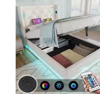 Lit coffre 160 x 200 cm avec tête de lit - Prises USB et Type-C - LEDs -  Tissu en coton - Beige (sans matelas)