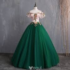 Vintage Retro Dark Green Prom Dresses 2019 Ball Gown Appliques Lace Off The Shoulder Short Sleeve Backless Floor Length Long Formal Dresses Dark Green Prom Dresses Green Prom Dress Vintage Formal Dresses