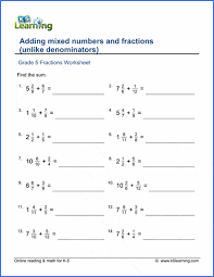 For example 2/3 is the fraction whose numerator is 2 and denominator is 3. Grade 5 Worksheet Add Mixed Numbers Fractions Unlike Denominators K5 Learning