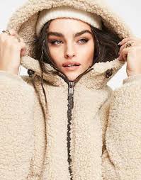 Topshop Teddy Borg Hooded Puffer Jacket in cream-White