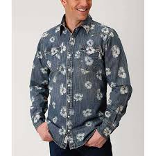 stetson mens floral snap down denim shirt