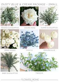 Find fake flower bundles, like this beautiful bundle of white mini real touch tulip flowers. Dusty Blue And Cream Small Package Blue Wedding Flowers Fresh Wedding Flowers Wedding Flower Arrangements
