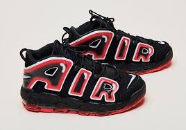 The Nike Air More Uptempo Appears In Black And Laser Crimson Nikeairuptempo A In 2020 Nike Air Uptempo Sneakers Men Fashion Nike Air Shoes