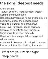 Among all 12 zodiac sign, cancer has great importance. The Signs Deepest Needs Aries Action Taurus Comfort Material Ease Wealth Gemini Communication Cancer A Harmonious Home And Family Life Leo Fun Elation The Need To Shine Virgo To Be Useful And