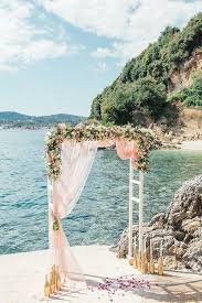 Wedding Beach Ceremony In Corfu In Private Villa Elopement Kerkira Pink Arch Gold Botlles Greece Wedding Small Beach Weddings Intimate Weddings
