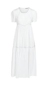 Batsheva Empire Tiered Dress In White Cotton Blue Delphinium Modesens