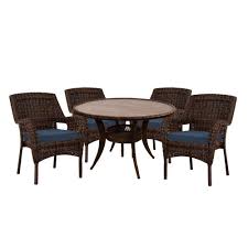 Hampton Bay Cambridge 5 Piece Brown Wicker Outdoor Patio Dining Set With Standard Midnight Navy Blue Cushions 65 7148b5 The Home Depot Outdoor Dining Chairs Patio Dining Chairs Blue Cushions
