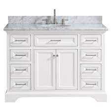 Keep these factors in mind — particularly depth — and check the swing of your shower and bathtub doors to make sure they won't hit the vanity when you open them. Home Decorators Collection Windlowe 49 Inch W X 22 Inch D X 35 Inch H Bath Vanity In White The Home Depot Canada