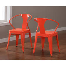 Amazon Com Set Of 4 Orange Metal Chairs In Glossy Powder Coated Finish Steel Stackable D Home Kitchen Metal Chairs Stylish Chairs Dining Chairs