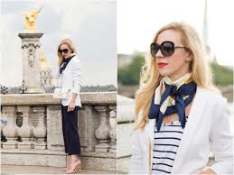 Blazer (love the buttons on this one! H M White Blazer With Striped Tank Ferragamo Silk Scarf How To Tie A Silk Scarf Parisian Style Outfit With Silk Scarf White Blazer With Navy Culottes Outfit Meagan S Moda