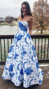 Beautiful Elegant Custom Made Blue And White Floral Blue And White Prom Dresses Dresses Strapless Floral Dress