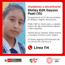 🚨 ¡Ayúdanos a encontrarla! Shirley Edit Gayoso Paati (15) desapareció el  27 de noviembre en Bagua, región Amazonas. Vestía blusa celeste, falda  ploma y llevaba mochila color negra. Si tienes alguna información