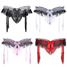Pretty lace ruffle garter belt with lace ruffles, satin bows, hook and eye back closure, adjustable garters, and nickel free garter clasps. Women Underwear Bowknot Crotchless Open Back Ruffle Lace G String Garter Belt Lingerie Briefs Wish