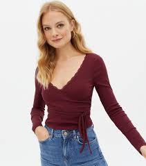 Burgundy Lace Trim Long Sleeve Wrap Top New Look