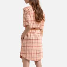 In lana, cotone, microfibra o lana mohair, il plaid diventa una coperta! La Redoute Collection Womens Mini Shift Dress In Checked Cotton Linen Mix With Short Sleeves