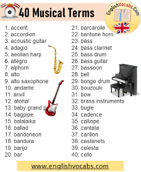 This is a list of musical instruments, including percussion, wind, stringed, and electronic instruments. 40 Musical Terms And Musical Instruments Names List English Vocabs