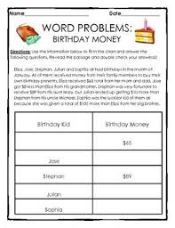 Word Problems And Bar Graphs Adding And Subtracting Birthday Money 2 Pages Subject Elementary Math Skill Word Problems Bar Graphs Adding And Subtracting