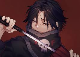feitan portor, hunter x hunter, commentary request, 1boy, bandana, black  eyes, black hair, closed mouth, concealed weapon, drawing sword, holding,  holding sword, holding umbrella, holding weapon, looking at viewer, male  focus, parted